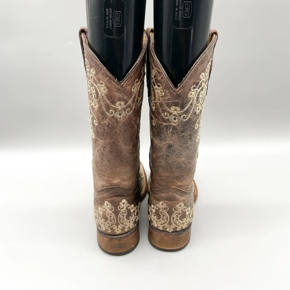 Corral Teen Size 4T Brown Leather Floral Embroidered Square Toe Western Boots